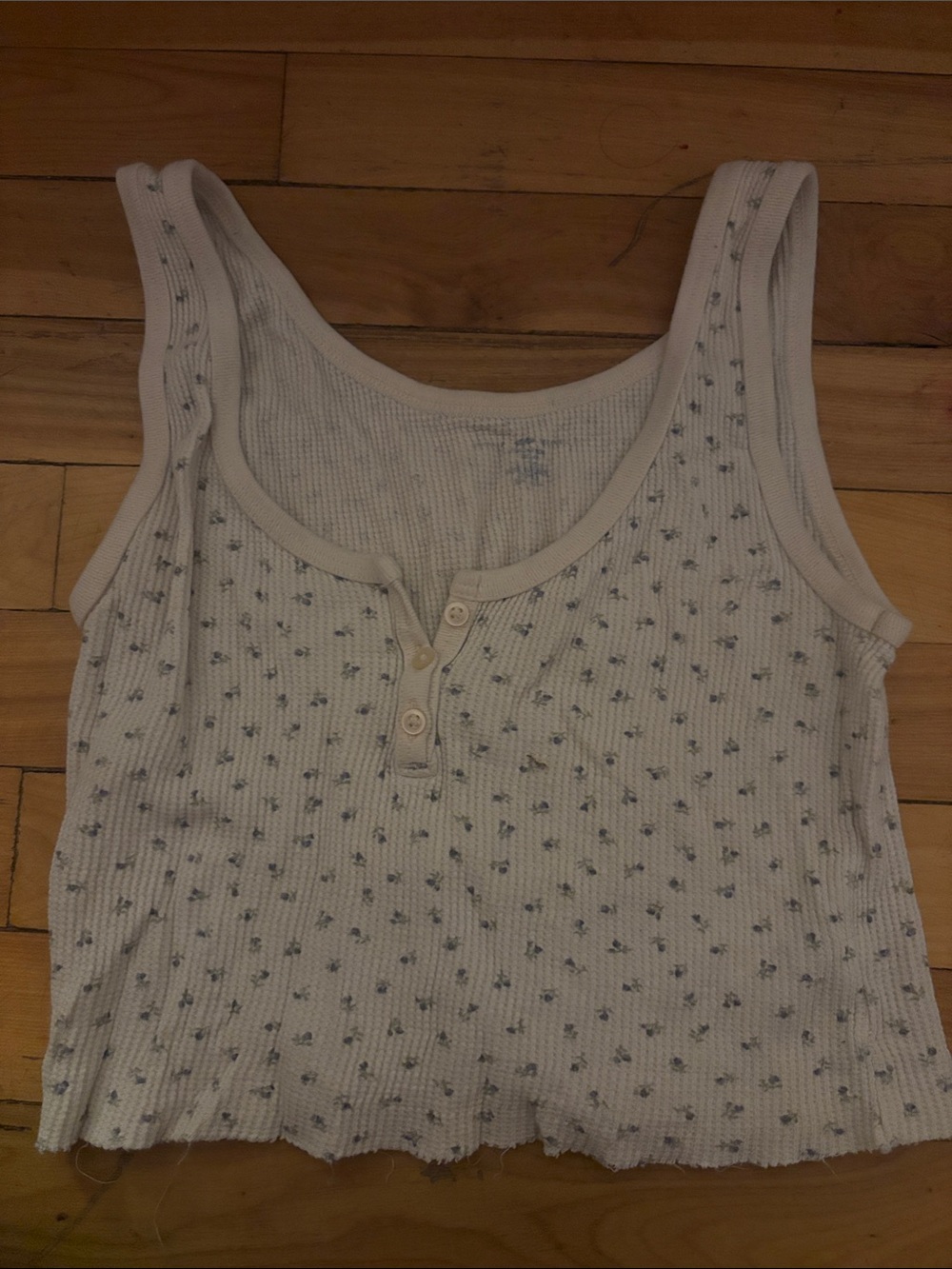 Brandy Melville White Ribbed Henley Tank with Tiny Blue Floral Print